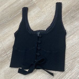 For Love And Lemons Black Ribbed Button Up Crop Tank with Tie